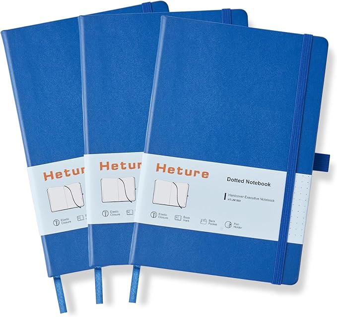 Heture Hardcover Dotted Notebooks, A5 Dotted Journal Notebook for Writing 160 Pages, 8.2 x 5.5 inch, Classic Dotted Notebooks for College/Work/Travel(Blue 3 Pack)