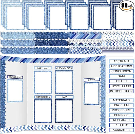 Fuyoooo 90 Pcs Science Fair Board Supplies 60 Trim Scalloped Bulletin Borders 24 Presentation Board Subtitles 6 Science Fair Titles for Classroom Display Boards(Glitter,Blue)