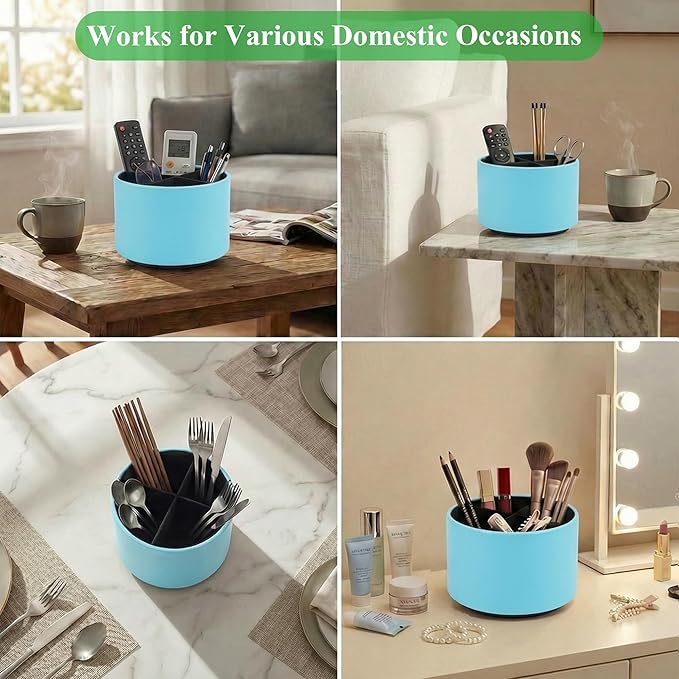 Round Leather Art Supply Organizer,Remote Control Holder,360 Degree Spinning,Multi-Functional Pencil Holder,4 Compartments Desktop Stationary Organizer(1-Sheep Blue)