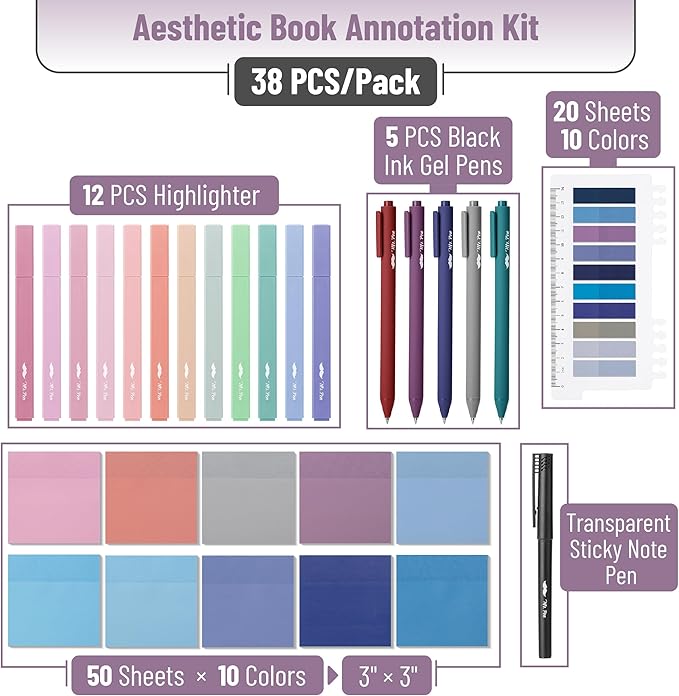 Mr. Pen- Aesthetic Book Annotation Kit, 38 pcs, 12 No Bleed Aesthetic Highlighters, 5 Gel Pens Black Ink, 700 Transparent Sticky Notes & Tabs for Study, Bible Journaling, Planner, Mothers Day Gift
