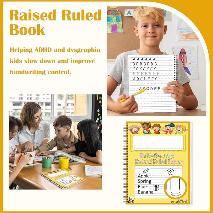 Raised Ruled Handwriting Paper Spiral Bound 8.5x11 Inch Raised Lined notebook Writing Practice Writing Paper Kindergarten Practice with ADHD 0.63In Sensory Line Dysgraphia Pad for Kids Students (1)