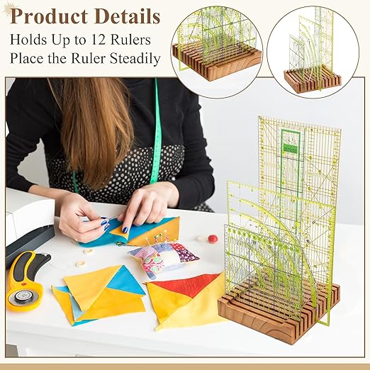 Pinkunn 1 Piece Wooden Quilting Ruler Holder Organizer 6 Inch 12 Slot Grids Ruler Rack for Quilting and Sewing, Ideal for Home Office Desk Storage(Brown)