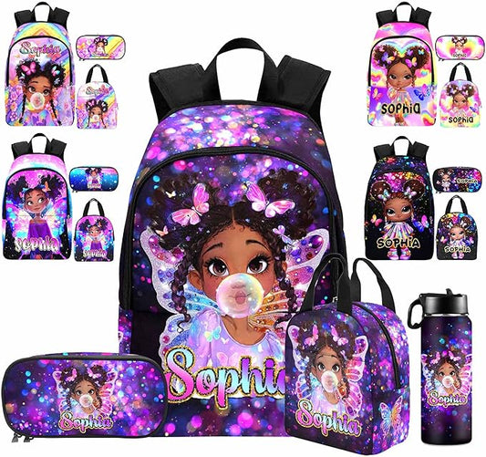 M YESCUSTOM Custom Girls Backpack Personalized School Bookbag with Lunch Bag Backpacks for Kids Girl Elementary Preschool Cute Book Bag Daypack Travel Bag Water Bottle