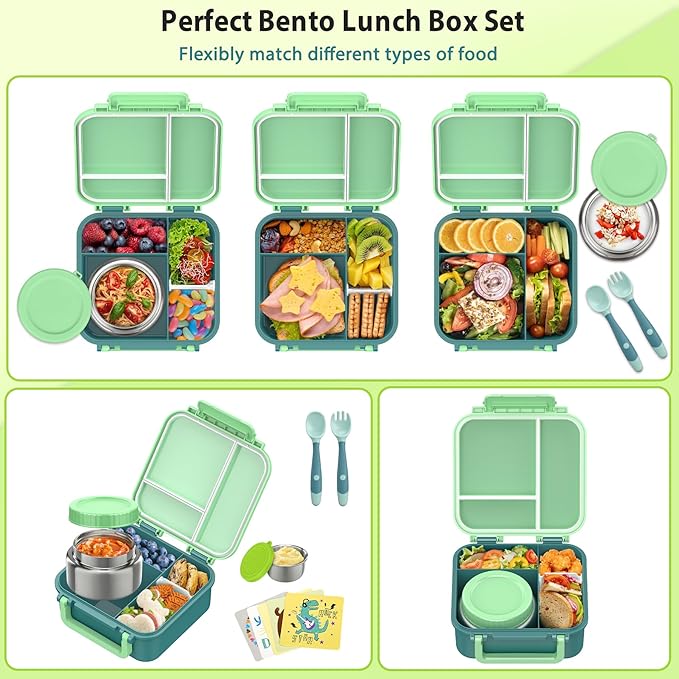 Kids Bento Lunch Box with 9oz Soup Thermo Leakproof Lunch Food Containers 4 Compartment with Insulated Hot Food Jar for Kid Toddler Girls Boys to School, Trvael