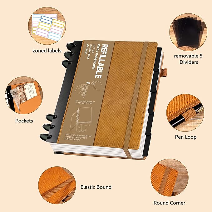 Yoment Refillable Notebooks for Work Discbound: Hardcover Notebook with 5 Subject Removable Dividers Tabs Colleged Ruled Small Journal for Writing Women Men 224 Pages,Brown