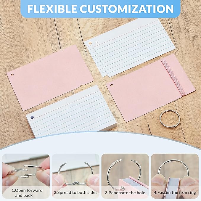 NEEWAY Ruled Index Cards with Ring 3x5 Inches, 200 Count Note Cards Lined, Flash Cards with Rings for Studying, Home and Office (Light Pink)