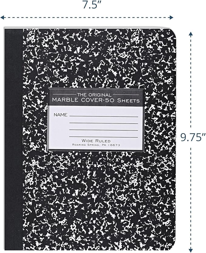ROARING SPRING Hard Cover Composition Notebook, Black Marble Comp Book, 9.75″ x 7.5″, Wide-Ruled with Margin, 50 Sheets (100 Pages), Made in USA
