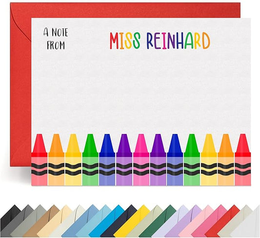 Personalized Stationery Teacher Note Cards with Envelopes – Custom Minimalist Thank You Cards, 12 Flat Note Cards & Colored Envelopes – Crush-Resistant Gift Packaging (Crayon)