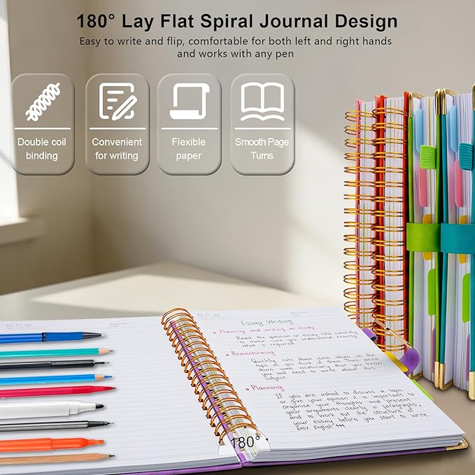 Hardcover Spiral Notebook College Ruled, 6.2"x 8.2" Leather Journal Notebook with Magnetic Closure, 300 Pages 5 Subject Notebook with Dividers Tabs Journal for Women Men, Work, School(Lavender Purple)
