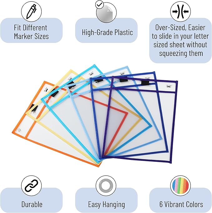 Mr. Pen- Reusable Dry Erase Pocket Sleeves, 10" x 14", 6 Pack, Colorful, Clear Plastic Paper Sleeves, Ticket Holders, Clear Plastic Sheet Protectors, Teacher, School, Classroom Supplies