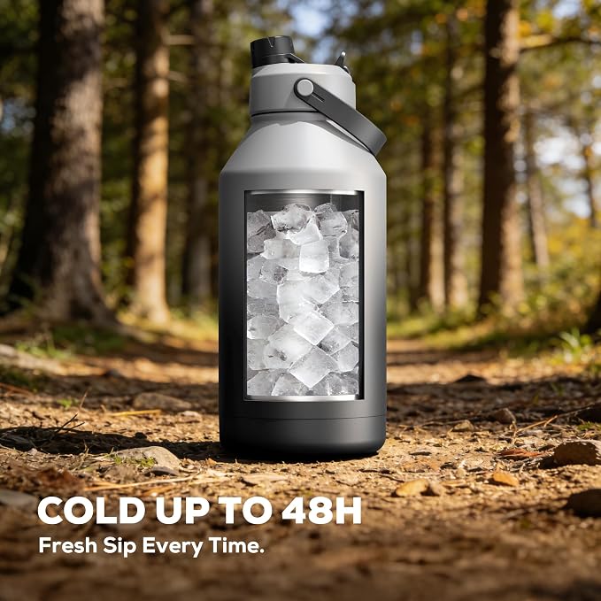POWCAN 64 oz Insulated Water Bottle with 2-in-1 Straw and Spout Lid, Keep Cold 48H, Leakproof, Carrier Bag, Stainless Steel Sport Water Bottle for Men, Fitness, Outdoors, Gym and Travel (Obsidian)