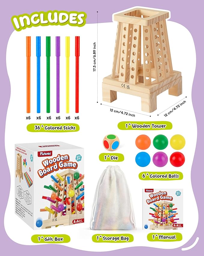 Montessori Wooden Board Game, 36 Colorful Sticks Board Games for Kids 4-6, Fine Motor Skills Toy Math Learning Montessori Toys for 3 4 5 6 Year Olds, Wooden Stick Game Family Games, Gift Boys Girls