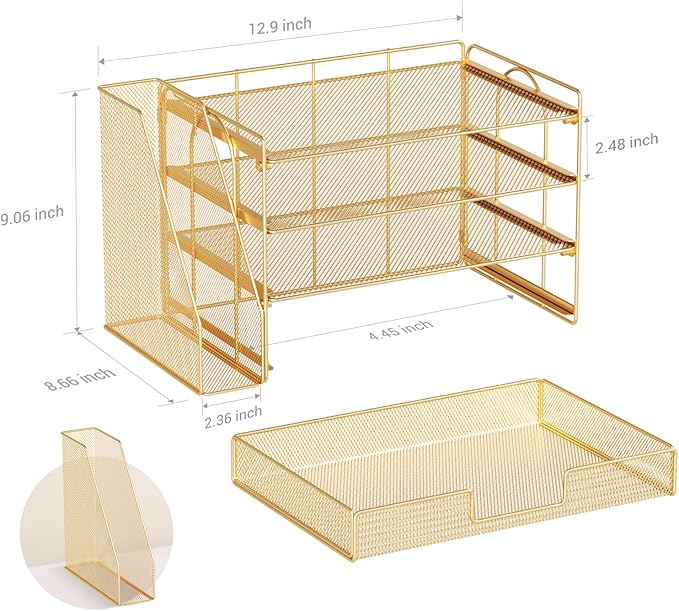 OPNICE Desk Organizers and Accessories, 4-Tier Desktop File Organizer with Drawer and 2 Pen Holders, Office Desk Accessories, Workspace Organizers for Office Supplies(Gold)