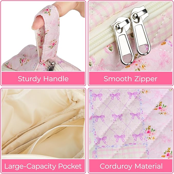 WOBAGMEN Quilted Pencil Pouch for Girls Women, Large Pencil Case Pouch with Compartments Cute Aesthetic Pencil Case Organizer, Floral Pencil Bag for School Supplies (pink pin)