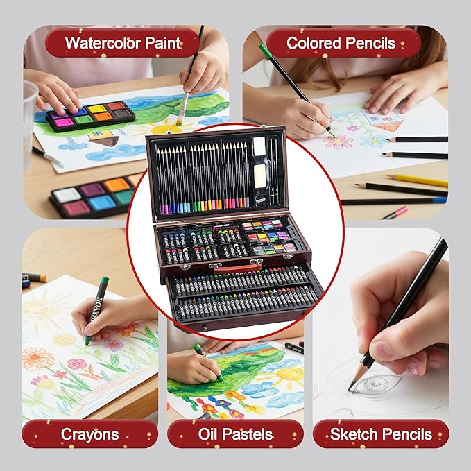 GOTIDEAL 143 Piece Kids Coloring Set,Arts and Crafts Kits with 3 Drawing Pads,Waterclolr Paints,Crayons,Colored Pencils,Paint Set in Wooden Case,Professional Art Kit Gift,Kids,Teens,Beginners（Auburn）