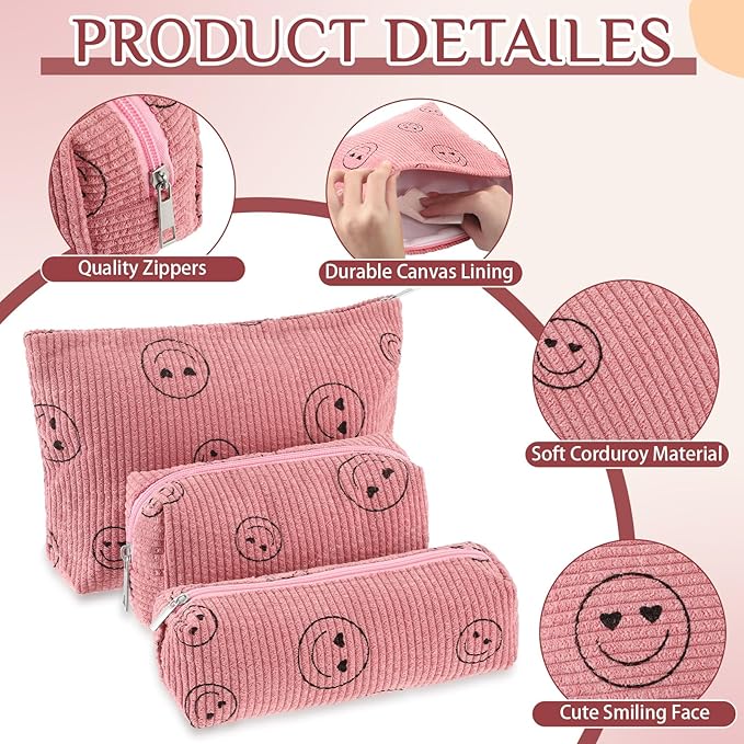 Huhumy 3 Pcs Makeup Bag Set for Women Corduroy Cosmetic Pouch Aesthetic Smile Travel Toiletry Bag Cute Purse Pouch Pencil Case Makeup Brushes Storage Organizer with Zipper(Pink,Smile Face)