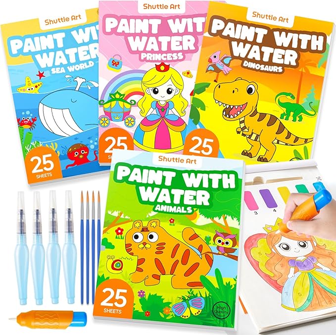 Shuttle Art Paint with Water Coloring Book for Kids, Pack of 4, 100 Sheets Watercolor Paint Set for Kids Ages 3-5, 4-8, Mess Free Travel Art Supplies, Birthday Christmas Craft Gift