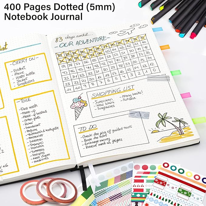 Notebook Journal, Dotted Journal, 8.5" x 11", 400 Pages Dot Grid Notebook, No Bleed Thick Paper, Leather Journal for Bullet Journaling, Work, School, Notes, 125pcs Sticky Tabs, Inner Pocket, Black