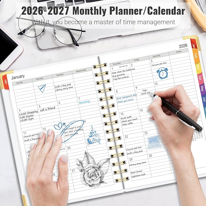 Daily Planner 2026-2027, 18 Month Planner with Tabs, January 2026 - June 2027 Weekly and Monthly Academic Year Calendar Spiral Time Management, 100GSM Thick Paper, Twin-Wire Binding, A5 Size, Multicolor