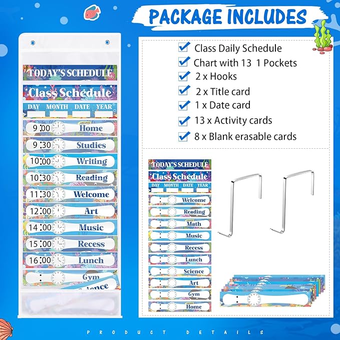 Ocean Daily Schedule Pocket Chart For Classroom Decor With 13+1 Pockets And 42 Designed Schedule Cards, Teacher Supplies For Preschool Classroom Home Office Back To School Decorations