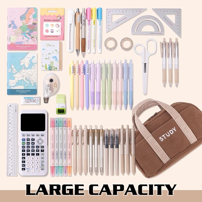EASTHILL Corduroy Hand-held Pencil Case Large Cute Pencil Pouch Stationery Pen Bag for Teen Girls-Brown