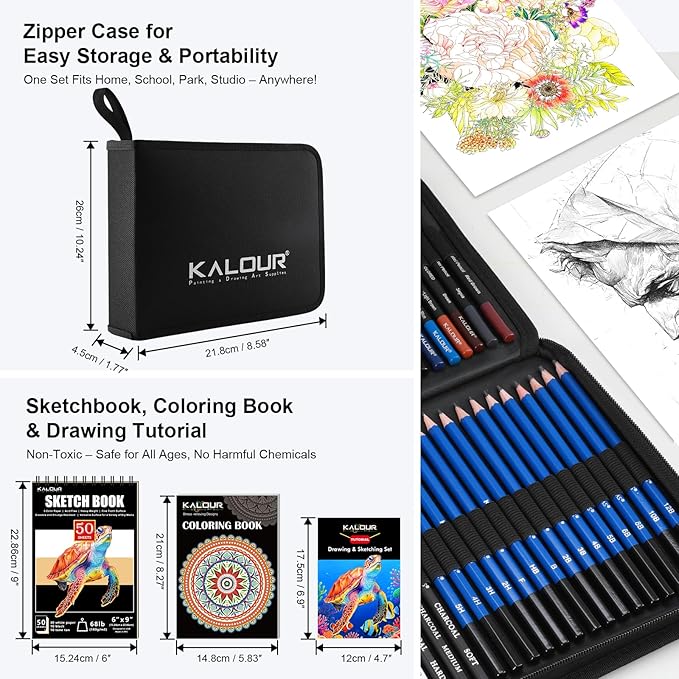 KALOUR PDAS 127 Drawing Set Sketching Kit, Pro Art Supplies with 3-Color Sketchbook & Coloring Book, Neon, Colored, Watercolor, Metallic, Graphite, Charcoal Pencils, Gift for Artists Adults Teens