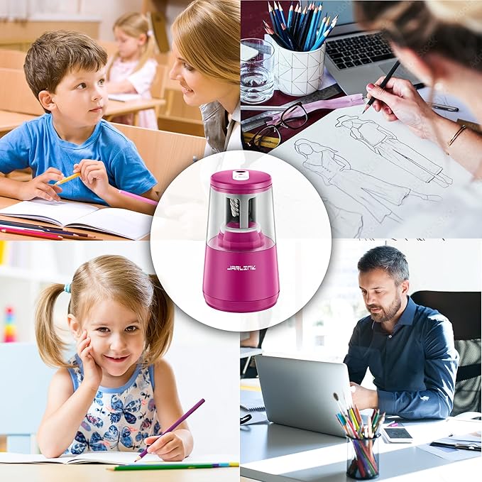 JARLINK Electric Pencil Sharpener, Heavy-Duty Helical Blade to Fast Sharpen, Auto Stop for No.2/Colored Pencils(6-8mm), AC Adapter/Battery Operated in School Classroom/Office/Home (Pink)