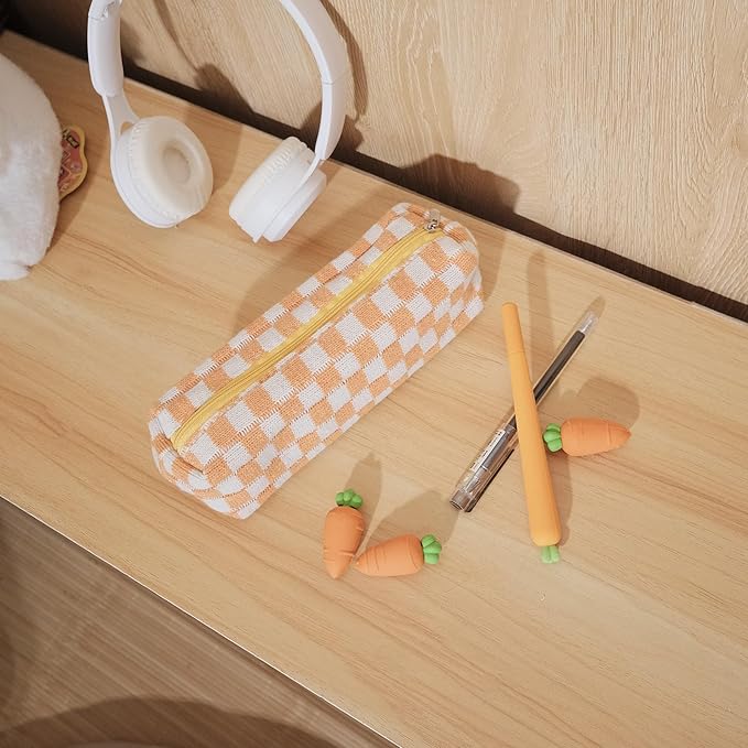 Pencil Case Pen Case Office College School Storage Bag Pouch Holder Box Organizer Makeup Pouch Cosmetic Bag Aesthetic Cute Pencil Case for Girls Boys Kids (Orange + White)