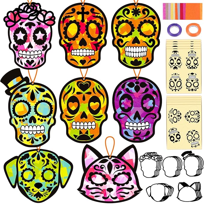 Renbuzhu 36PCS Dia De Los Muertos Crafts Bulk: Sugar Skull Paper Suncatchers DIY Kit for Day of The Dead Halloween Party Activities Decorations, Window Stained Glass Effect Art Supplies