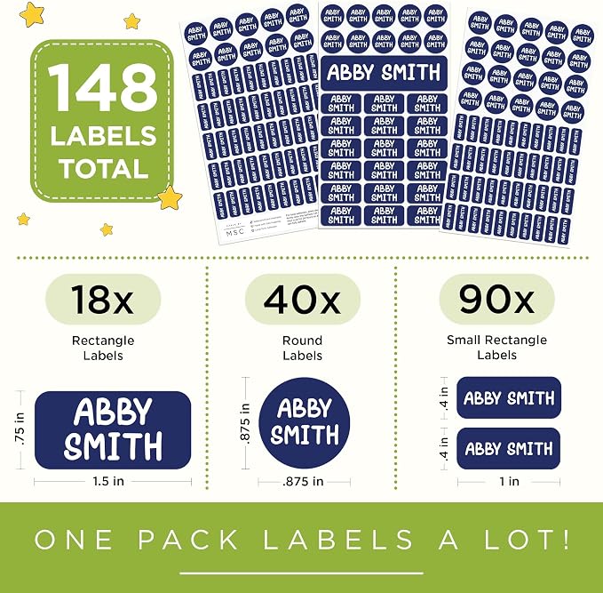 Personalized Daycare Name Labels for Kids, 148 Pack Waterproof Custom Name Stickers for Clothing Tags, Lunch Boxes and School Supplies, Made in USA by MSC - Solid Dark Colors