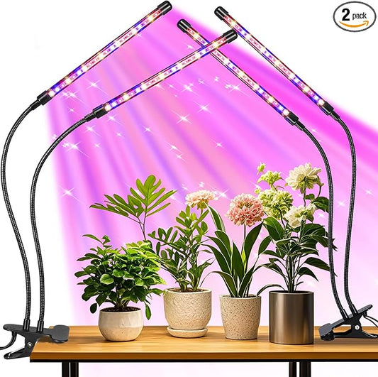 2 Head 2 Pack LED Plant Grow Light with Flexible Gooseneck, Suitable for Indoor Plants, Full Spectrum Clip on Plant Growing Light with Red, Blue, Yellow Beads, 10 Brightness Levels, 3/9/12H Auto Timer