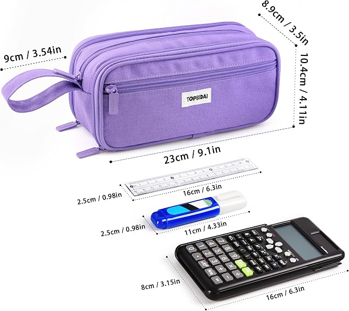 TOPBIDAI Large Pencil Case Pouch for Girls Boy Women Men Adults | Big Capacity Canvas Pencil Bag, Office School Supplies, Multi Compartment Zipper Stationery Pen Box(Full Purple)