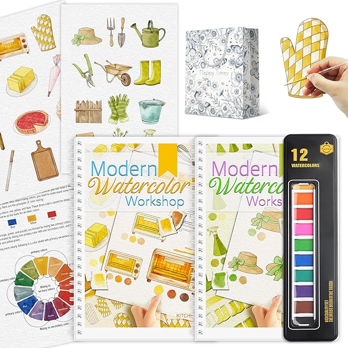 2Pcs Watercolor Workbook with Step by Step for Beginner, Beginner-Friendly Water Coloring Book with 12 Colors Paint, Watercolor Paper, Beginner Watercolor Painting Kit, Watercolor Coloring Book