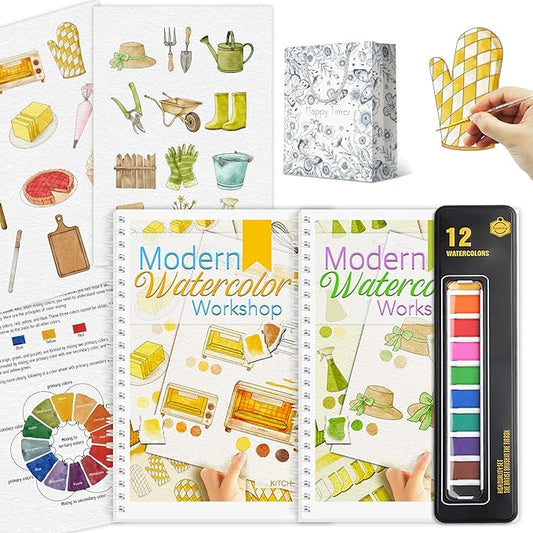 2Pcs Watercolor Workbook with Step by Step for Beginner, Beginner-Friendly Water Coloring Book with 12 Colors Paint, Watercolor Paper, Beginner Watercolor Painting Kit, Watercolor Coloring Book