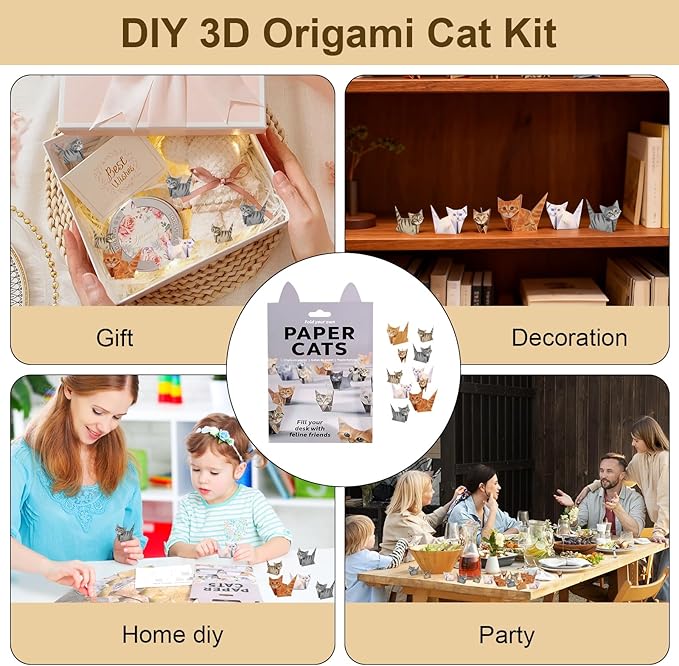 DIY Paper Cats, 50 Sheets DIY Origami Paper to Fold Cute Cat Figures, Desk Decoration Cute Animals Shaped 3D Origami Kit Fun Craft Activity for Cat Lovers
