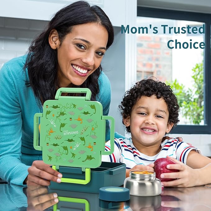 Bento Box for Kids with Thermos, [Large Capacity] Insulated Kids Lunch Box with 4 Compartment for Ages 3+, Drop-Proof & Dishwasher Safe Lunchbox Container Green