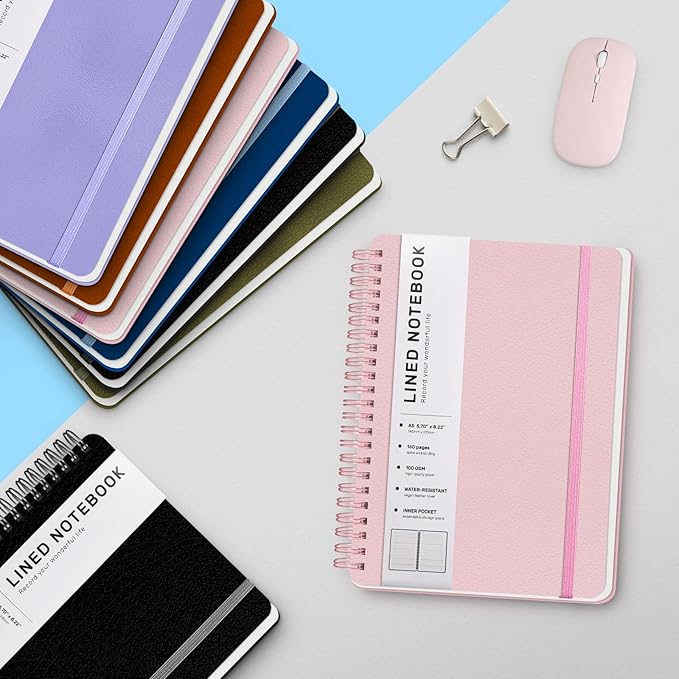 ABERLLS Lined Spiral Journal Notebook with 160 Pages, 8×5.7in, A5 Spiral Notebook, Journaling Notebooks for Work, School, Women, Men, College Ruled Spiral Notebook, Hardcover Leather Journals, Pink