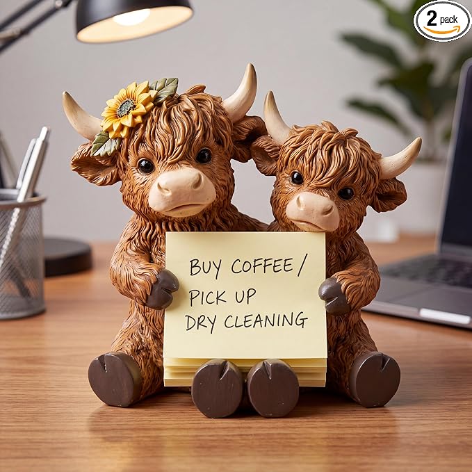 Highland Cow Pop up Sticky Dispenser Resin Sticky Note Holder Include 1 Pad of Pop up Notes 3x3 Inch 100 Sheets, Cute Highland Cow Note Holder for Back to School Office Desk Supplies