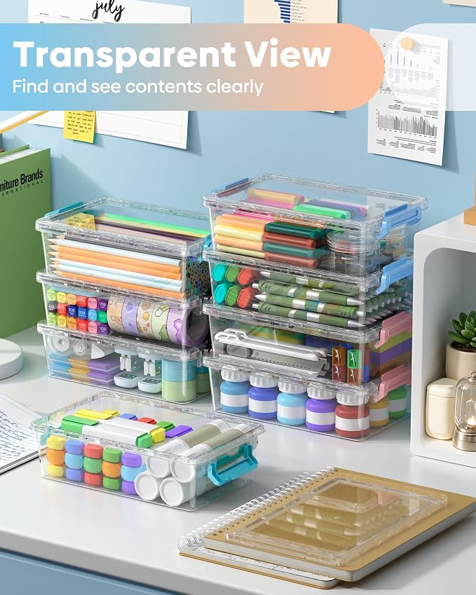 BiuLeon 8 Pack Large Pencil Box Set, Plastic Clear Pencil Case Marker Organizer, Crayon Box Craft Organizers, Stackable Storage Containers with Lid for Pen, Art and Craft Supplies(Color)