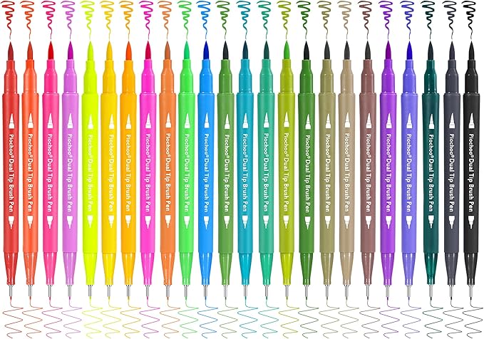 Piochoo Art Brush Markers Pens for Adult Coloring Books, 24 Colors Dual Tip (Brush and Fine Point) Marker Pen for Journaling Note taking Planner Hand Lettering Art Suppliers