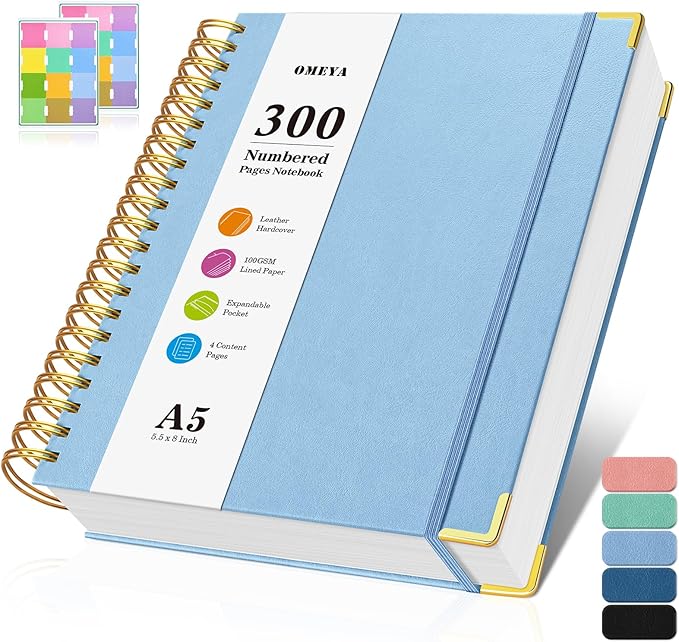 Spiral Notebook, 300 Numbered Pages Notebooks College Ruled with Contens, 100GSM Thick Journal for Women Men, Hardcover Leather Lined Journal for Writing, Large A5 Journaling Notebooks for Work School