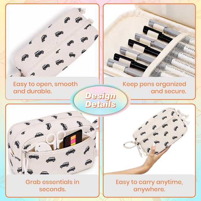 Big Capacity Pencil case,Soft Corduroy Pencil Bag with 3 Compartment,Pencil Pouch School Supplies Cute Pencil Box Pencil Bag for Teen Girls Boys College (Black Car)
