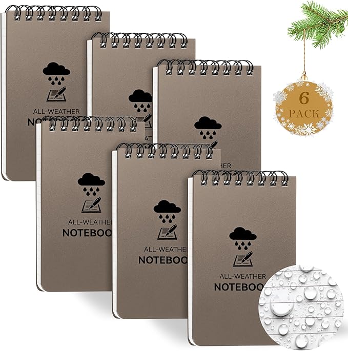 COIDEA 6 Pack Waterproof Notebook, 3 x 5 Pocket Notepad, Top-Spiral Weatherproof NotePad, All Weather Police Pocket Notebook Little Memo Steno Note Pads for Outdoor Office School Recording, Brown