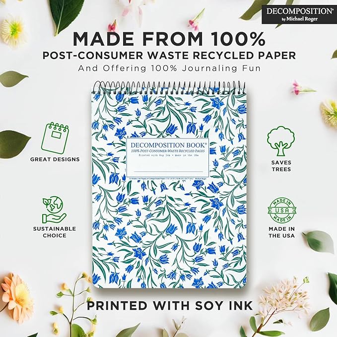 Decomposition Bluebells Top Bound Spiral Notebook – 7.5 x 9.75 Journal, College Ruled Lined Pages – Left-Handed Friendly Notebooks Ideal for Students, Artists & Office Professionals – Made in USA