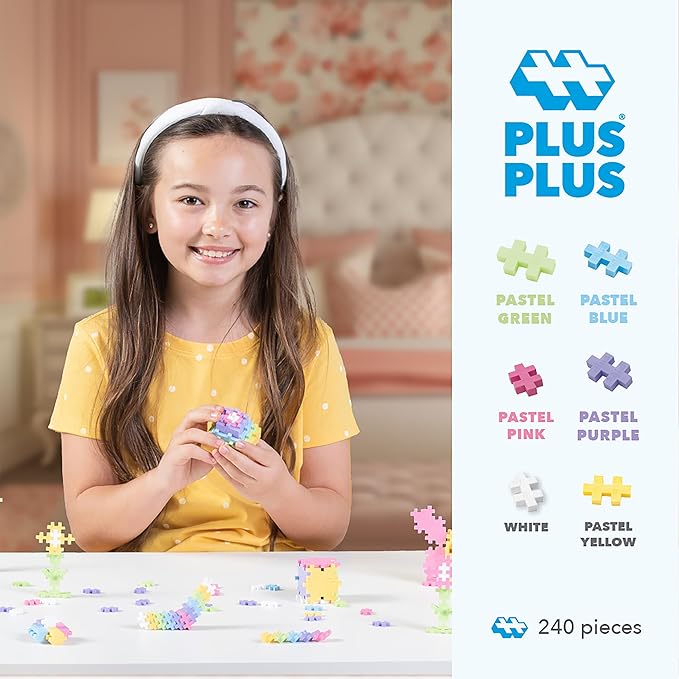 PLUS PLUS 240 Piece Pastel Mix Tube - Mini Interlocking Building Blocks Set, Stem Toys for Kids - Sensory Bin Fillers/Math Manipulatives Classroom Must Haves Gifts for Boys & Girls