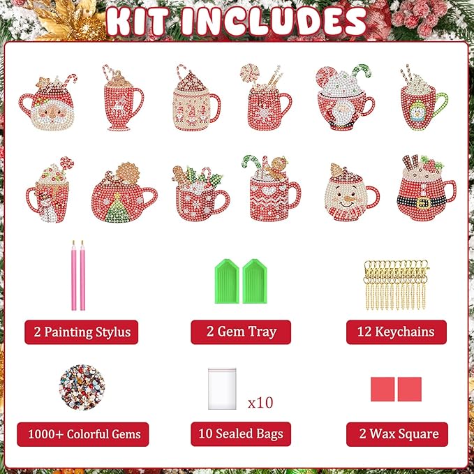 Nardoll 12 Pieces Christmas Diamond Art Keychains Kits - Christmas Crafts for Adults - Arts and Crafts for Boys Girls - Make Your Own Diamond Ornaments Painting Gift for Family Decor