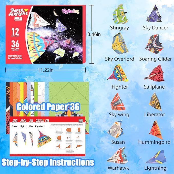 Paper Airplane Kits, Origami Kit for Kids 5-8 8-12, 12 Classic Origami Designs, 36 Sheets of Colorful Origami Paper, Crafts for Kids Activities, Airplane Gifts for Kids Ages 5-12 Boys and Girls
