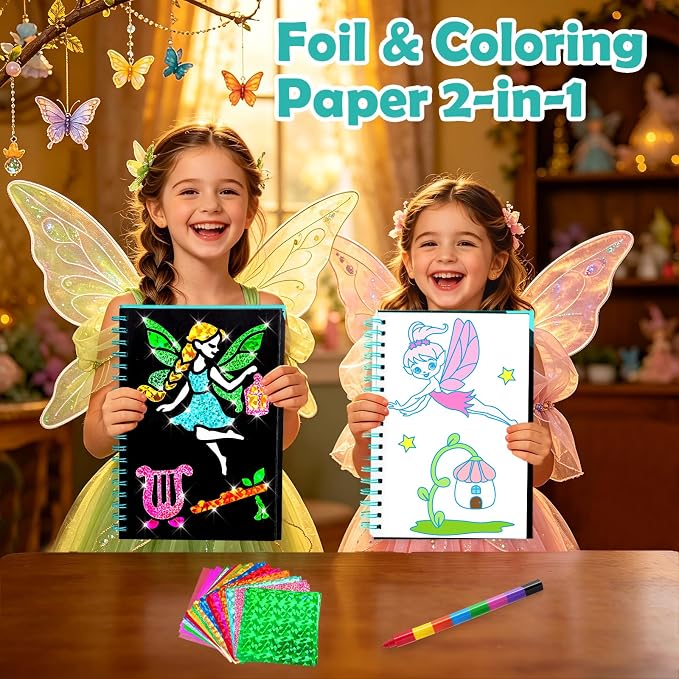 FUNNYB&G Foil Art Craft Kit for Girls 4-10 Years Old: Mess-Free & No-Glue, Create 16 Sparkly Fairy Pictures – Perfect Travel Toy & Birthday Gift for Kids（Fairy）