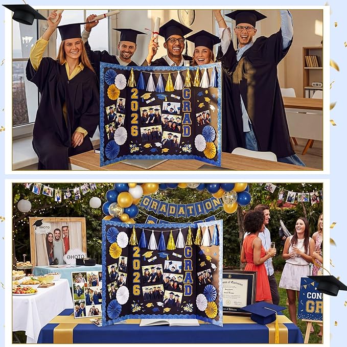 31 Pcs Graduation Photo Display Board Decoration 40"x28" Trifold Poster Board Graduation Themed Stickers Grad Fan Tassel Garland for 2026 Grad Party College Picture Frame(Blue Gold Silver)