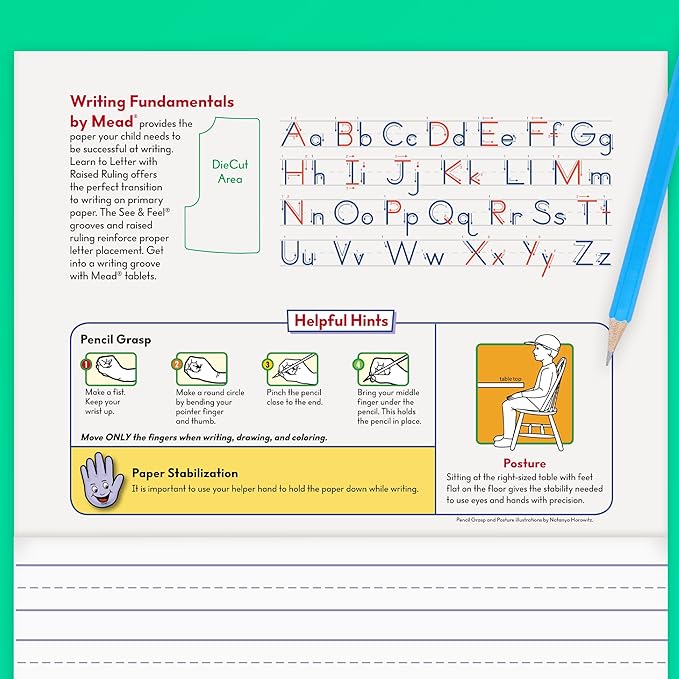 Mead Learn to Letter Writing Tablet, Handwriting Practice Pad Grades PK-1, 10" x 8", Solid & Dotted Raised Ruling, 40 Sheets, 4 Pack (480018)